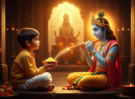 Boy offering butter to Krishna statue in quiet temple