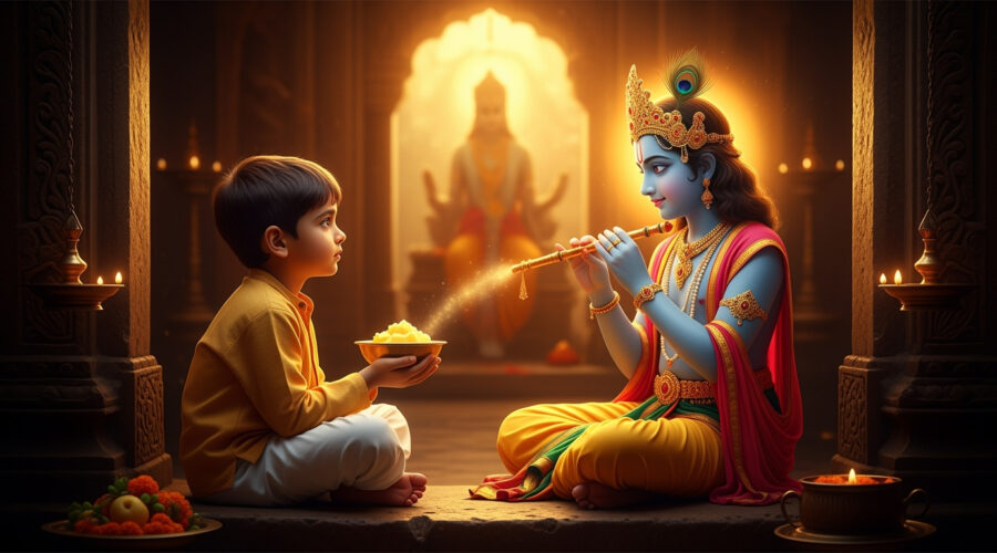 Boy offering butter to Krishna statue in quiet temple