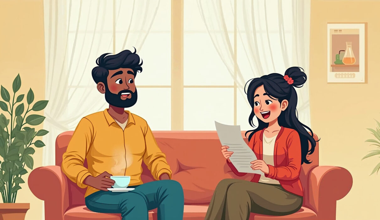 Illustration of a tired Indian man with a teacup, sitting on a sofa, while an excited woman shows a weekend Mumbai travel plan – comic style.