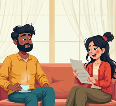 Illustration of a tired Indian man with a teacup, sitting on a sofa, while an excited woman shows a weekend Mumbai travel plan – comic style.