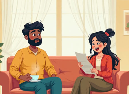 Illustration of a tired Indian man with a teacup, sitting on a sofa, while an excited woman shows a weekend Mumbai travel plan – comic style.