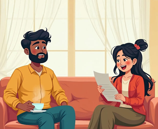Illustration of a tired Indian man with a teacup, sitting on a sofa, while an excited woman shows a weekend Mumbai travel plan – comic style.