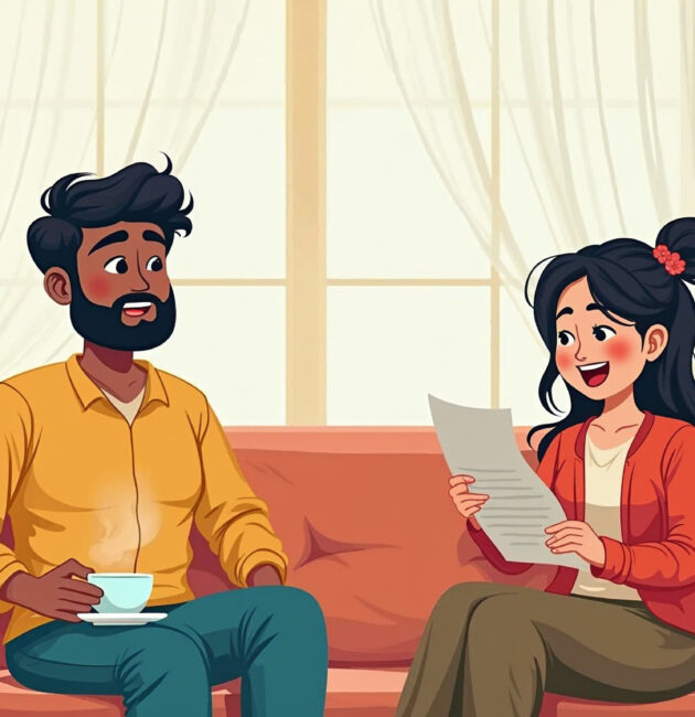 Illustration of a tired Indian man with a teacup, sitting on a sofa, while an excited woman shows a weekend Mumbai travel plan – comic style.