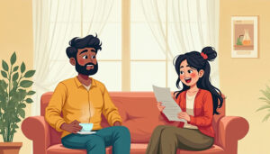 Illustration of a tired Indian man with a teacup, sitting on a sofa, while an excited woman shows a weekend Mumbai travel plan – comic style.
