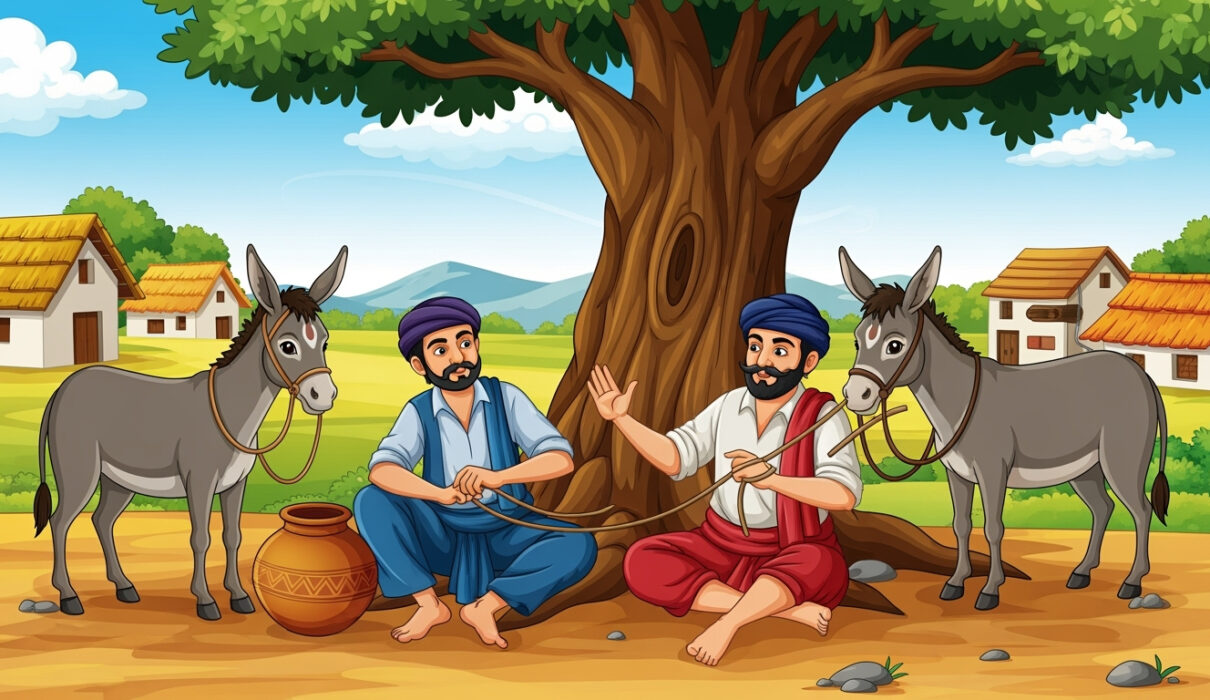 Illustration of a potter pretending to tie donkeys to a tree