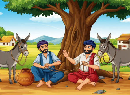 Illustration of a potter pretending to tie donkeys to a tree