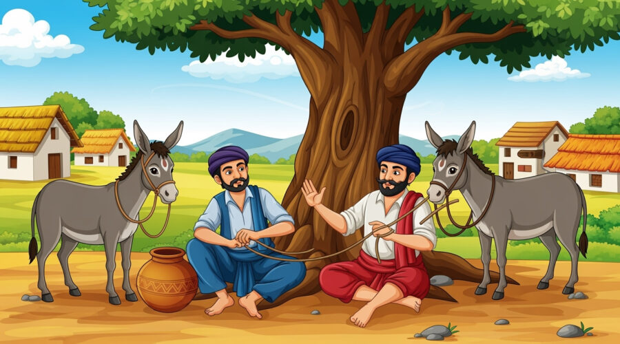 Illustration of a potter pretending to tie donkeys to a tree