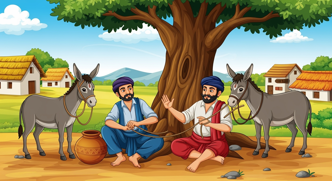 Illustration of a potter pretending to tie donkeys to a tree
