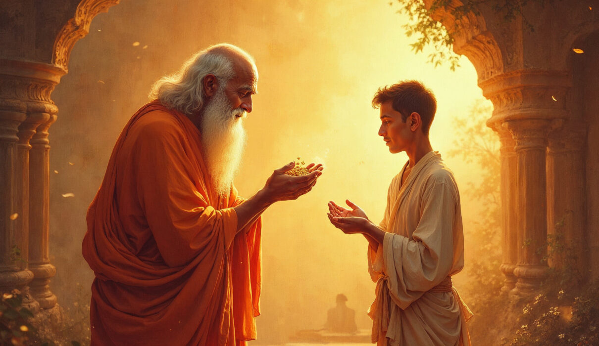 Illustration of a Mahatma blessing a man