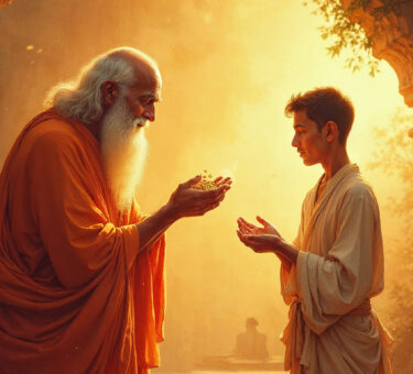 Illustration of a Mahatma blessing a man