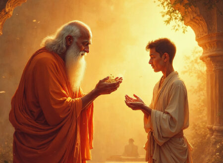 Illustration of a Mahatma blessing a man