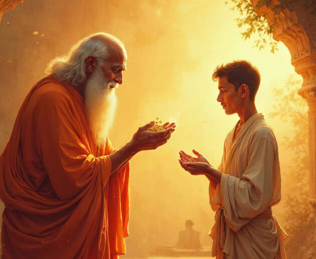 Illustration of a Mahatma blessing a man