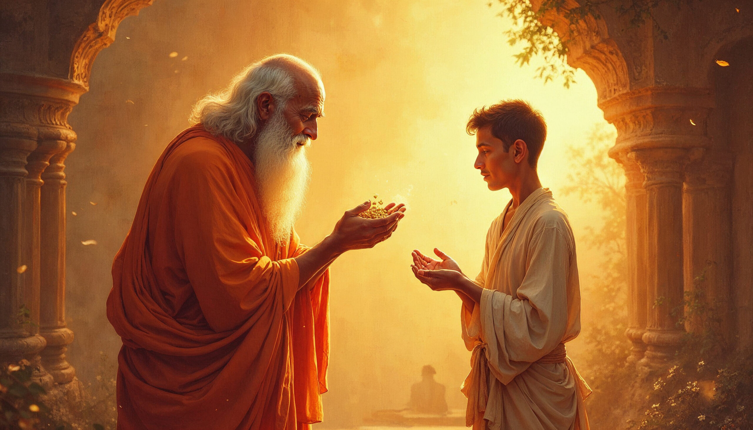 Illustration of a Mahatma blessing a man