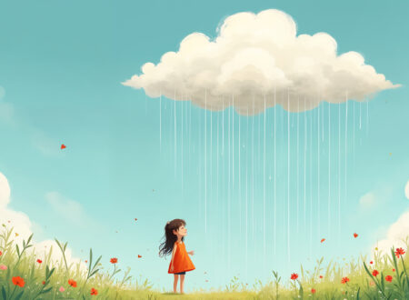 Children's story illustration of a cloud and nature