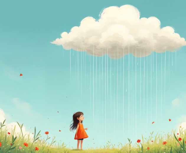 Children's story illustration of a cloud and nature