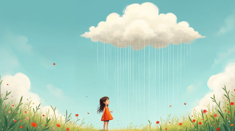 Children's story illustration of a cloud and nature