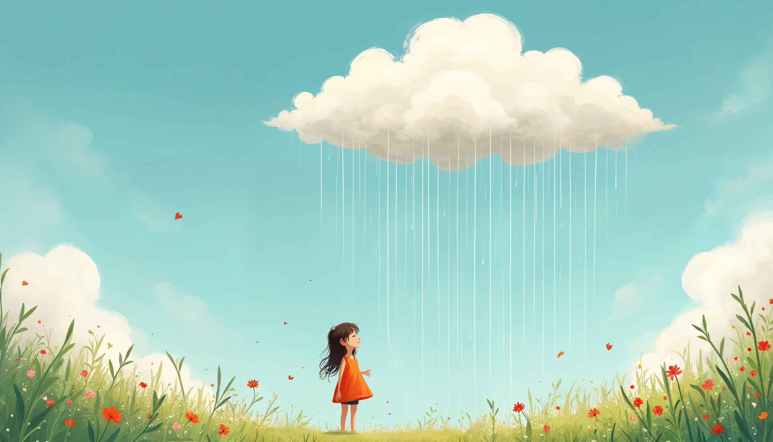 Children's story illustration of a cloud and nature