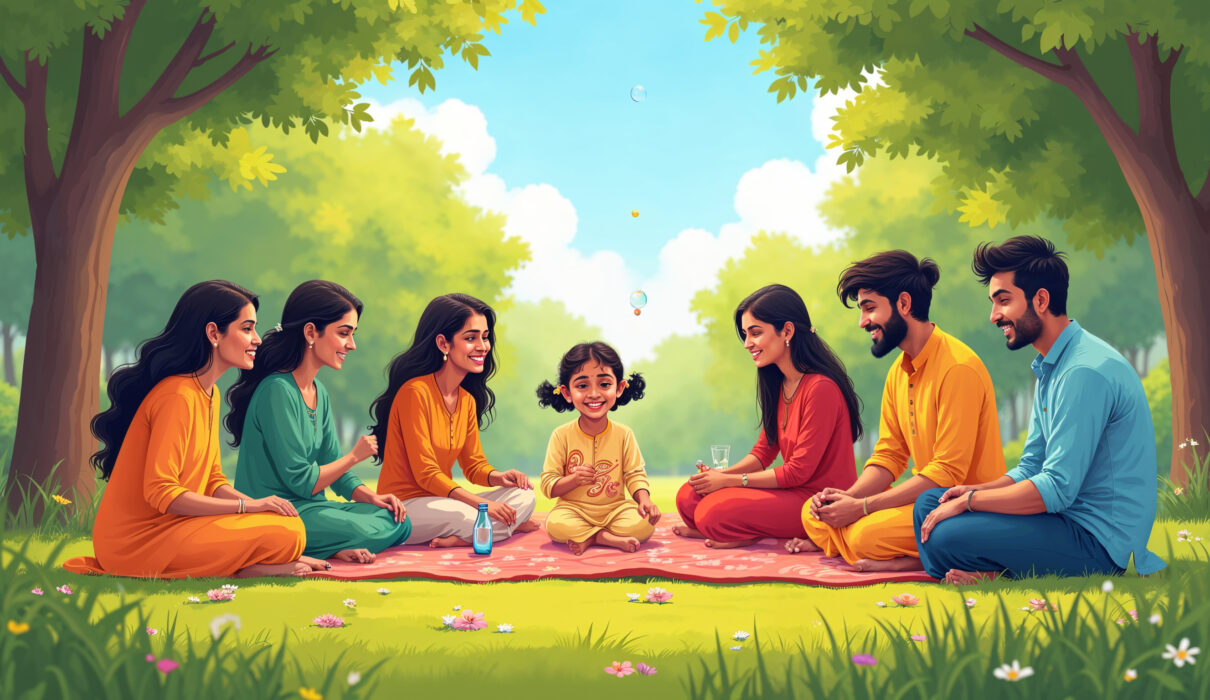 An illustration of a happy Indian girl, aged 5 to 7, enjoying a picnic in a park