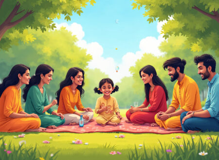 An illustration of a happy Indian girl, aged 5 to 7, enjoying a picnic in a park