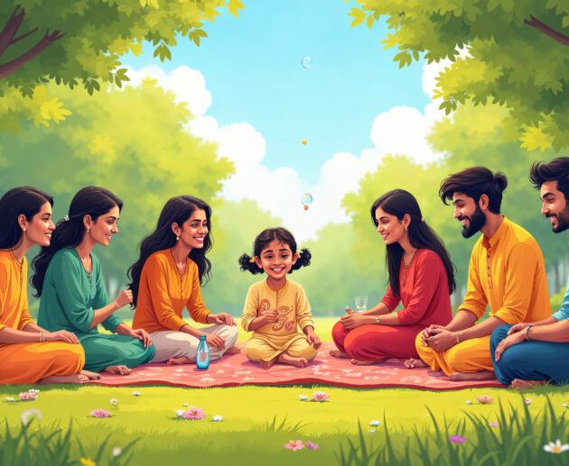 An illustration of a happy Indian girl, aged 5 to 7, enjoying a picnic in a park