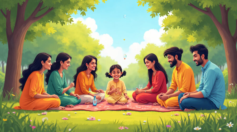 An illustration of a happy Indian girl, aged 5 to 7, enjoying a picnic in a park