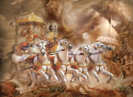 The sun had just begun to rise over the battlefield of Kurukshetra, painting the sky with streaks of crimson and gold. The distant sound of conches echoed through the morning mist, and chariots rolled into position like thunderclouds gathering before a storm.