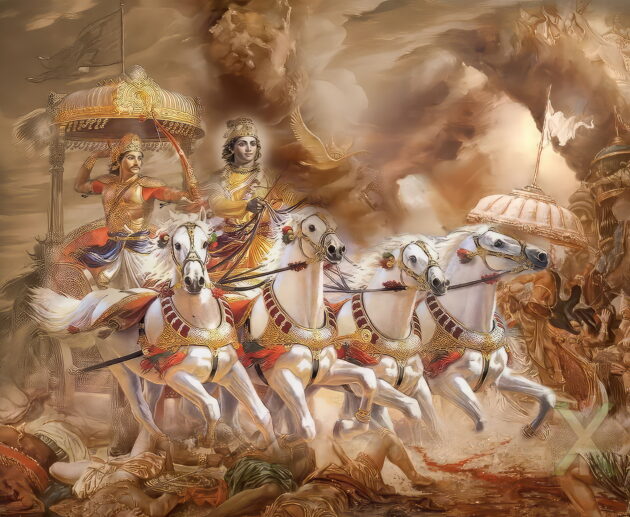 The sun had just begun to rise over the battlefield of Kurukshetra, painting the sky with streaks of crimson and gold. The distant sound of conches echoed through the morning mist, and chariots rolled into position like thunderclouds gathering before a storm.