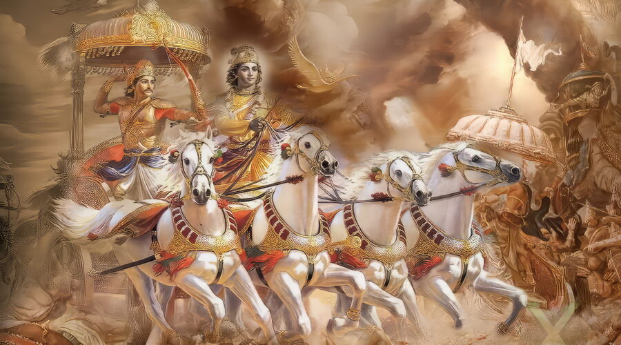 The sun had just begun to rise over the battlefield of Kurukshetra, painting the sky with streaks of crimson and gold. The distant sound of conches echoed through the morning mist, and chariots rolled into position like thunderclouds gathering before a storm.