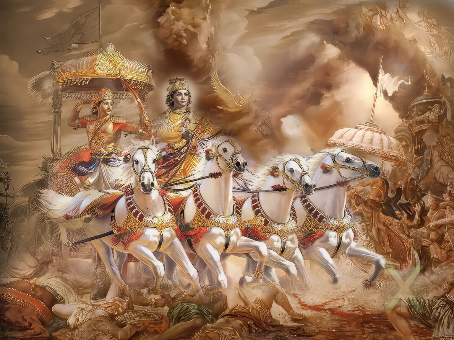 The sun had just begun to rise over the battlefield of Kurukshetra, painting the sky with streaks of crimson and gold. The distant sound of conches echoed through the morning mist, and chariots rolled into position like thunderclouds gathering before a storm.
