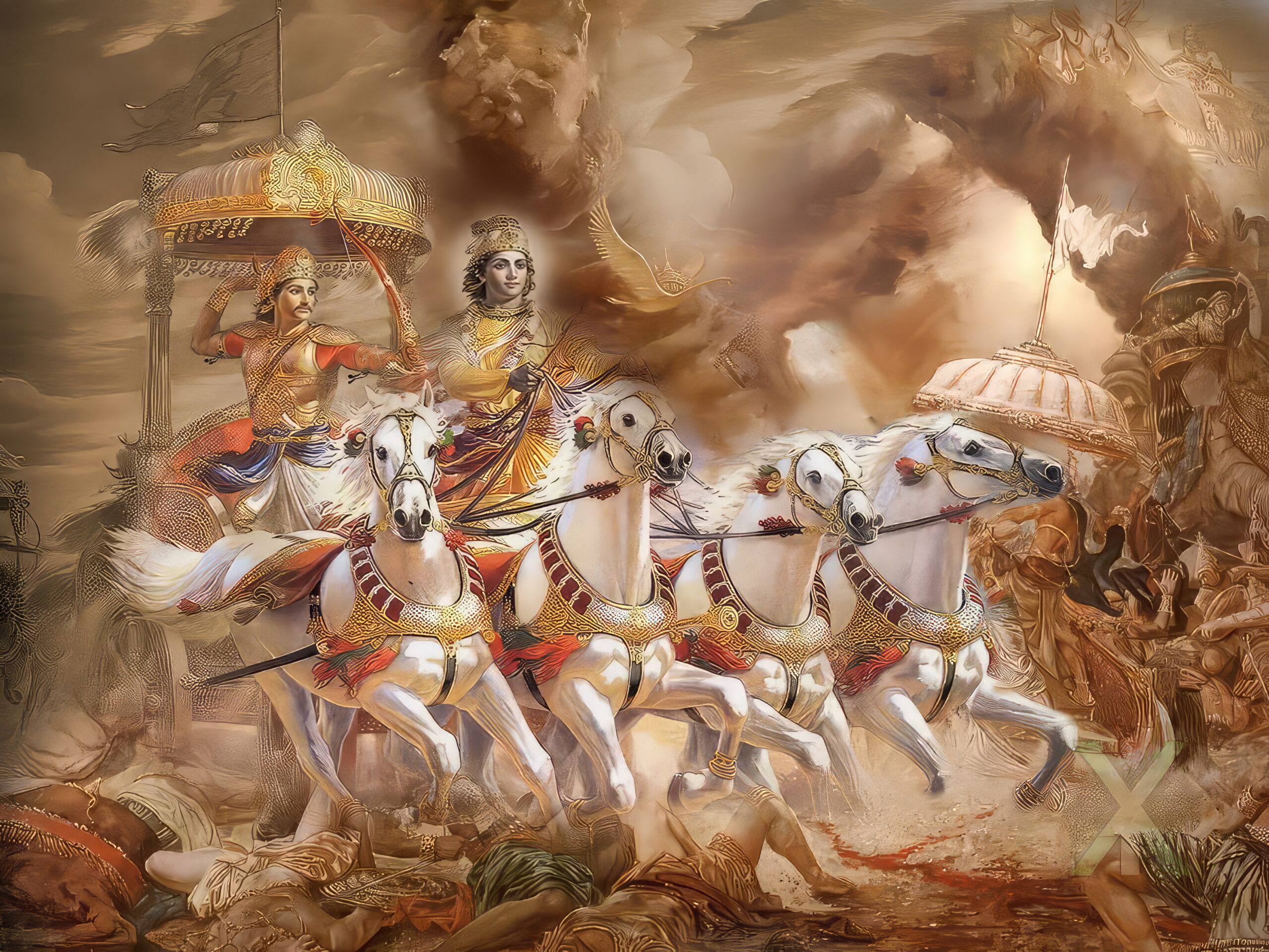 The sun had just begun to rise over the battlefield of Kurukshetra, painting the sky with streaks of crimson and gold. The distant sound of conches echoed through the morning mist, and chariots rolled into position like thunderclouds gathering before a storm.