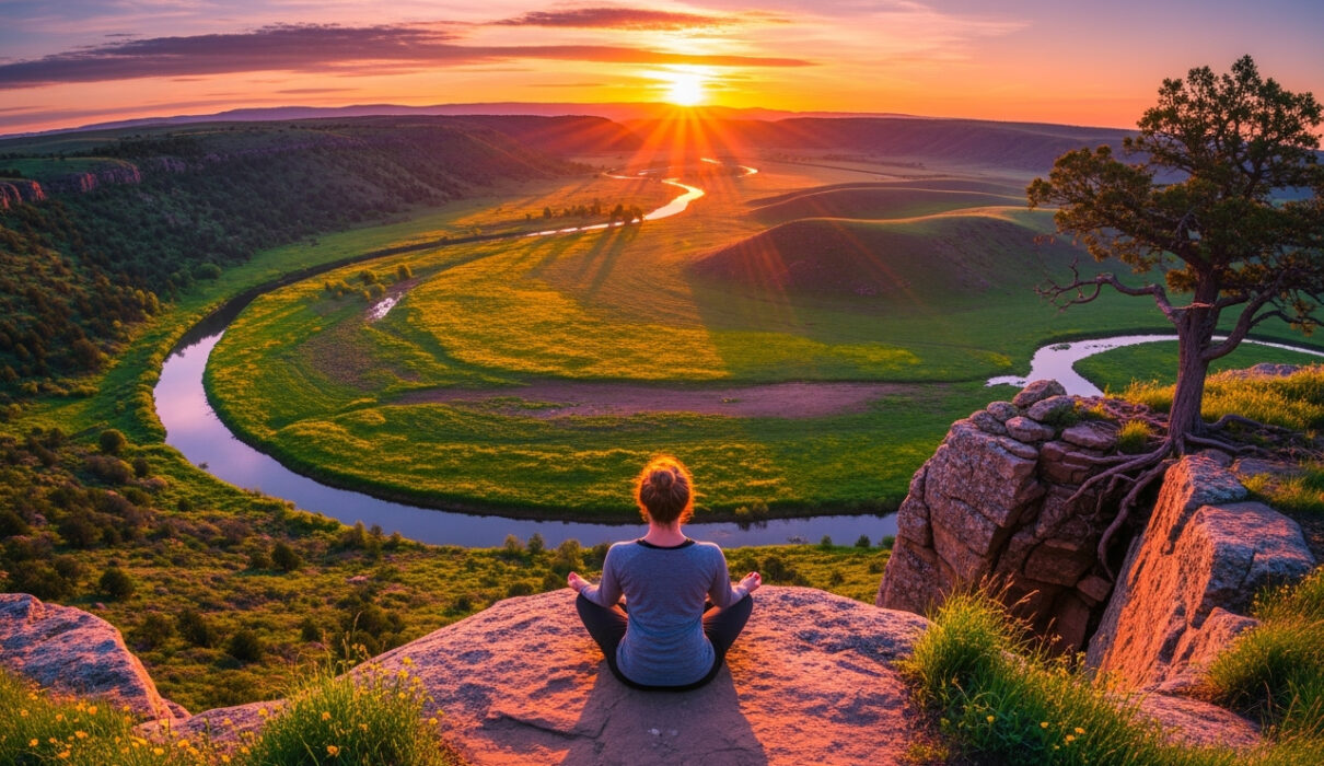 A lady meditating alone in nature at sunrise