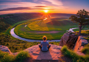 A lady meditating alone in nature at sunrise