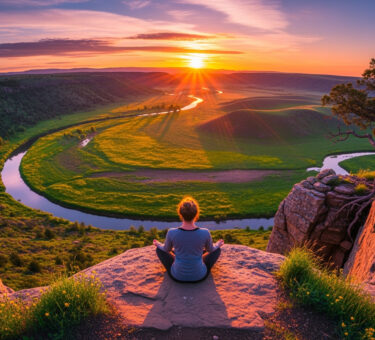 A lady meditating alone in nature at sunrise