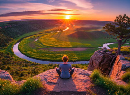 A lady meditating alone in nature at sunrise