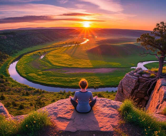 A lady meditating alone in nature at sunrise