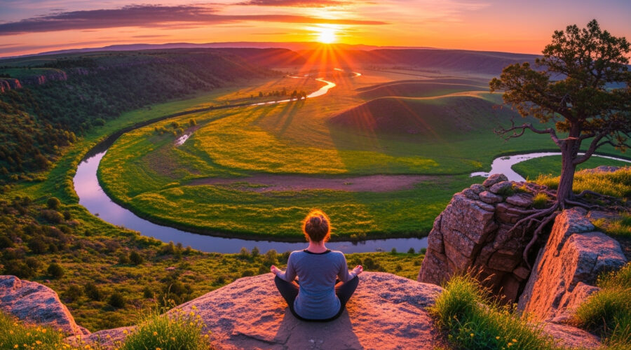 A lady meditating alone in nature at sunrise