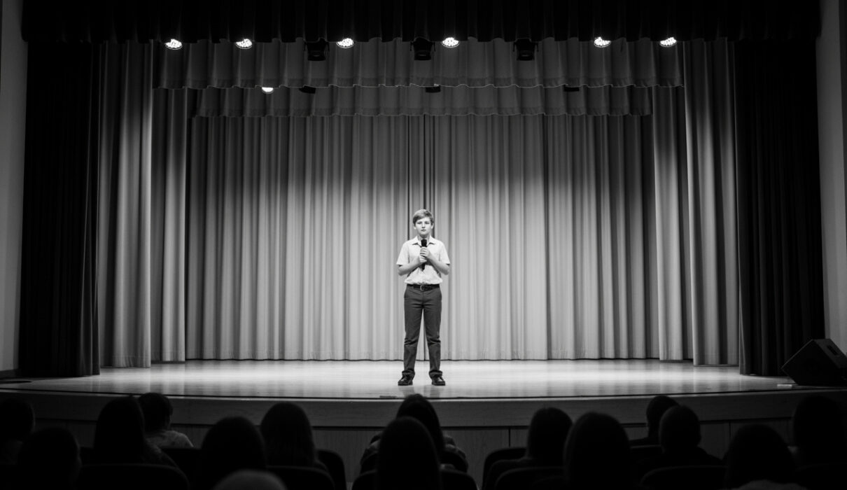 A shy student performing on stage during a school competition