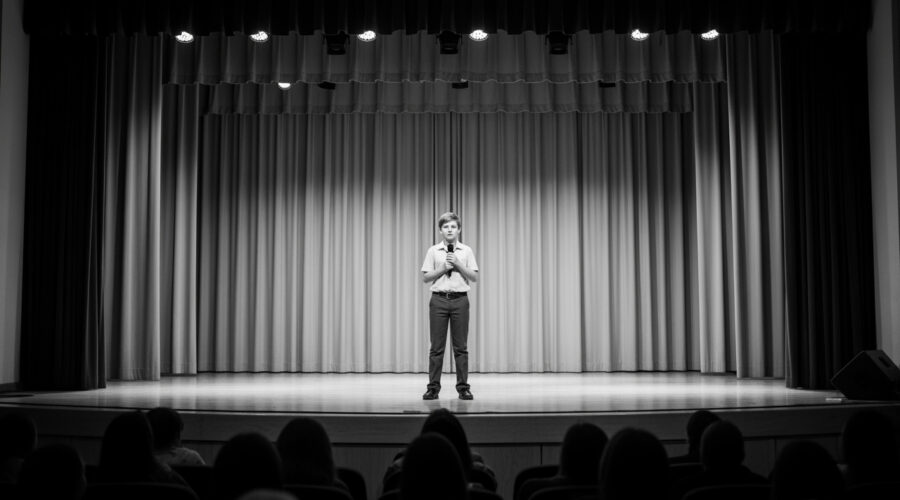 A shy student performing on stage during a school competition