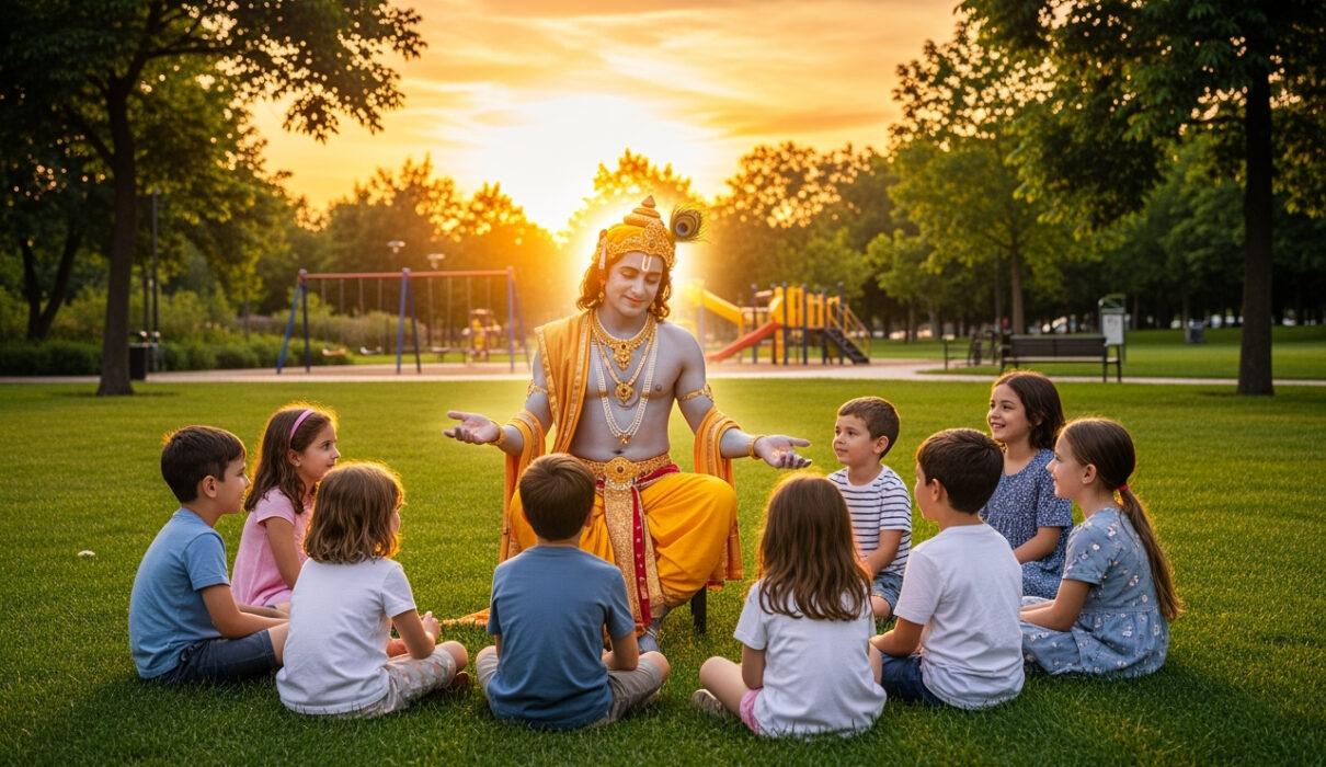 Illustration of Lord Krishna speaking to children in a modern park setting