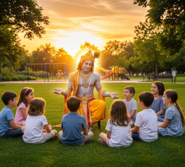 Illustration of Lord Krishna speaking to children in a modern park setting