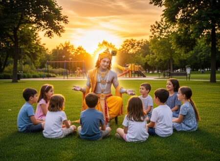 Illustration of Lord Krishna speaking to children in a modern park setting
