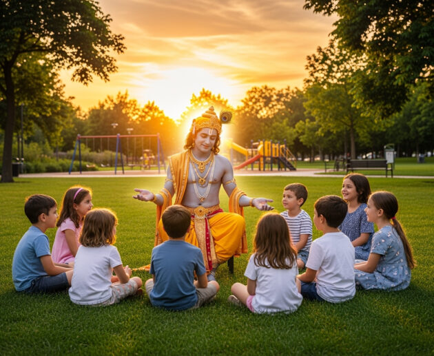 Illustration of Lord Krishna speaking to children in a modern park setting
