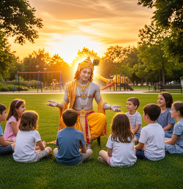 Illustration of Lord Krishna speaking to children in a modern park setting