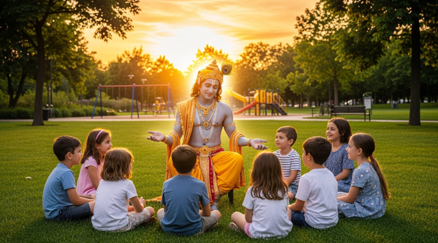 Illustration of Lord Krishna speaking to children in a modern park setting