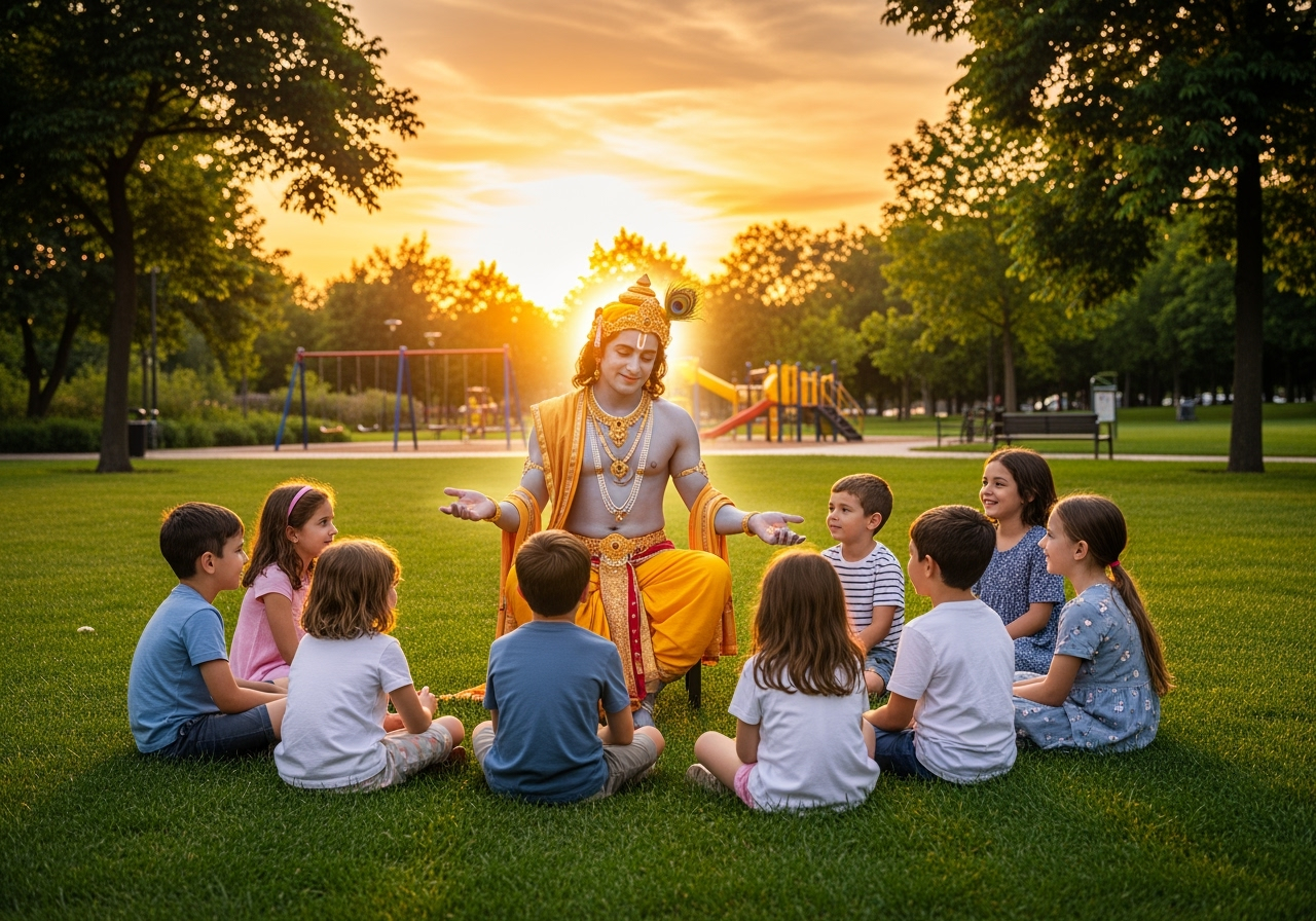 Illustration of Lord Krishna speaking to children in a modern park setting