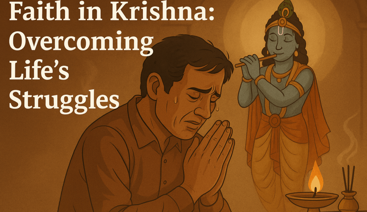 Devotee praying to Krishna with hope and resilience