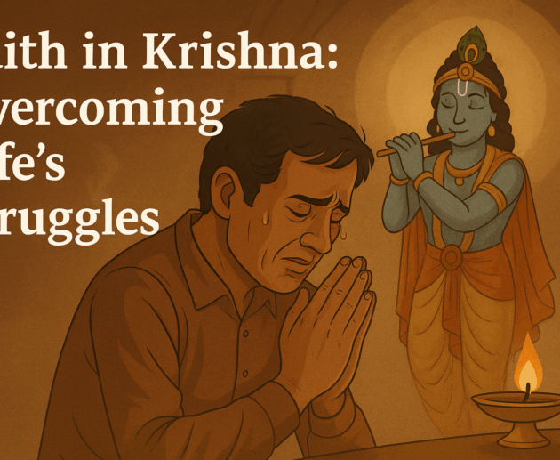 Devotee praying to Krishna with hope and resilience