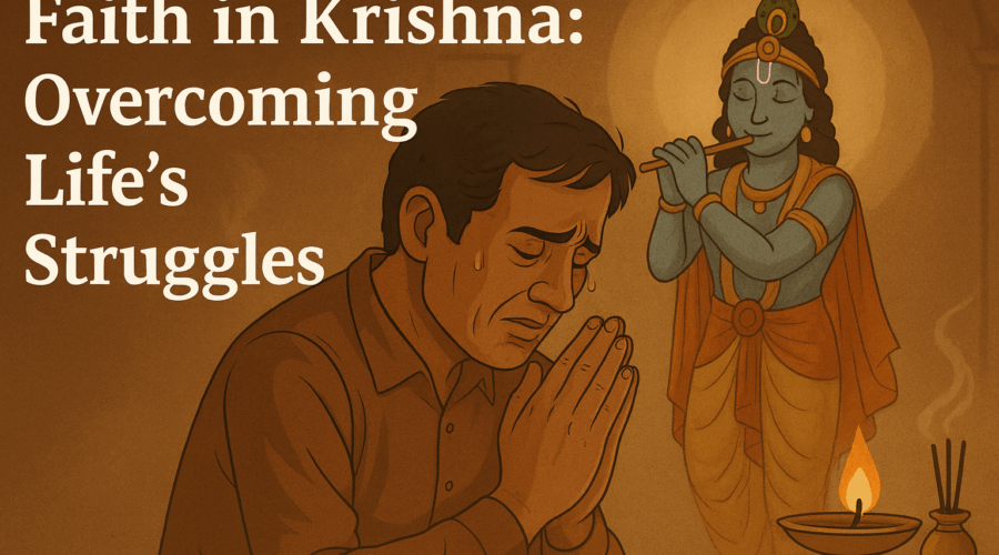 Devotee praying to Krishna with hope and resilience