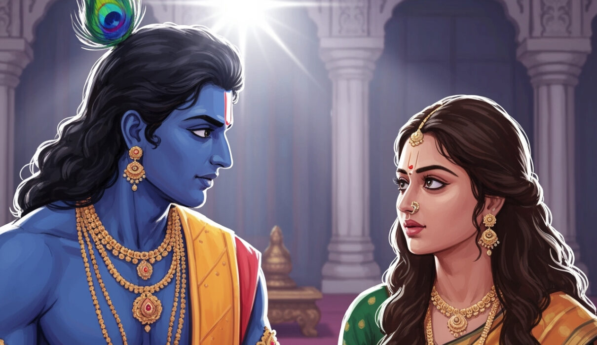 Krishna and Draupadi having a deep conversation in a royal chamber, reflecting on destiny and karma, with an air of wisdom and compassion