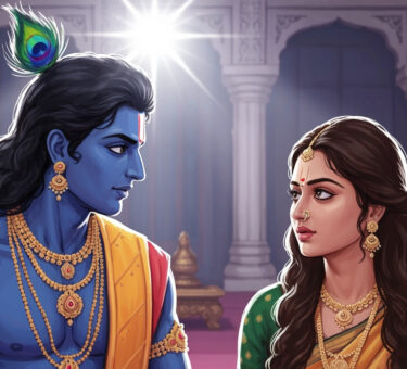 Krishna and Draupadi having a deep conversation in a royal chamber, reflecting on destiny and karma, with an air of wisdom and compassion